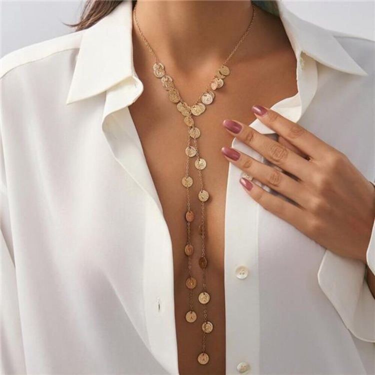 18k Gold Plated Long Disc Choker Necklace Trendy Statement Y Shaped Drop New